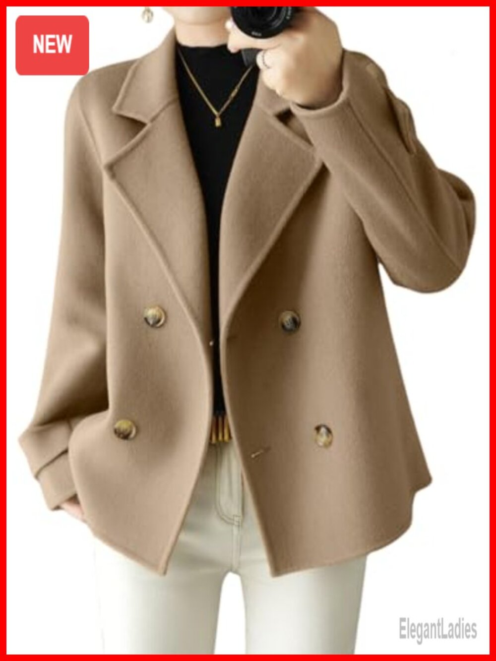 Women Wool Blend Coat Double Breasted Notch Lapel Pea Coat Office Business
